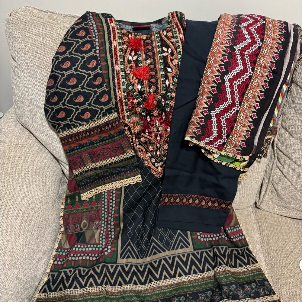 Colorful Embroidered Dress with Matching Scarf